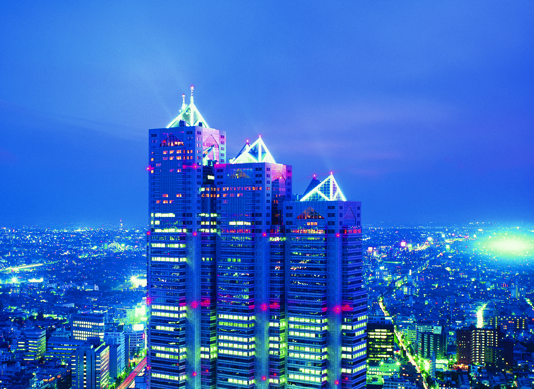 Aerial view of the Park Hyatt Tokyo hotel at night