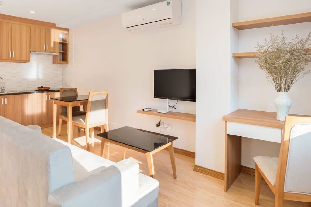 An Nguyen Building Hanoi, Studio Apartment With A Well Equipped Kitchen, Work Station, And Living Room