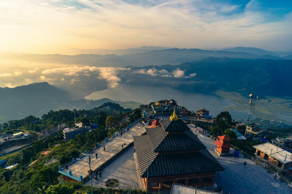 Aerial View From Sarangkot View tower Overlooking Pokhara Phewa Lake And The Himalayas