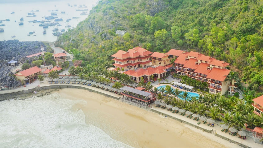 Cat Ba Sunrise, aerial view with the beach and bay