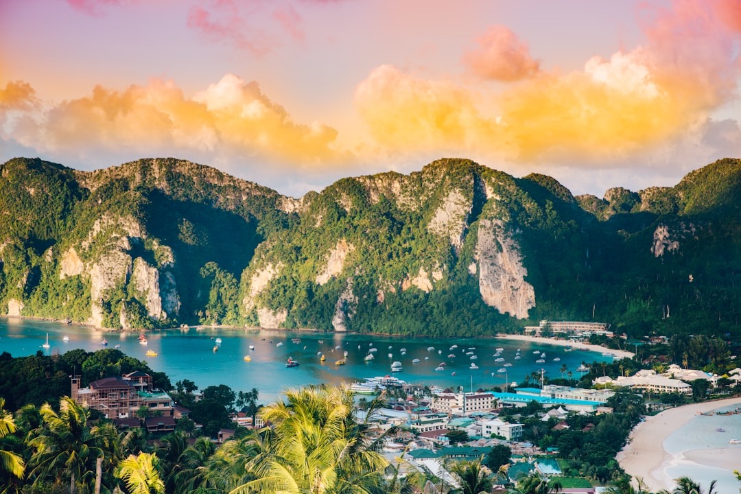 Aerial view of Ao Nang Bay in Krabi and turquoise water at sunset