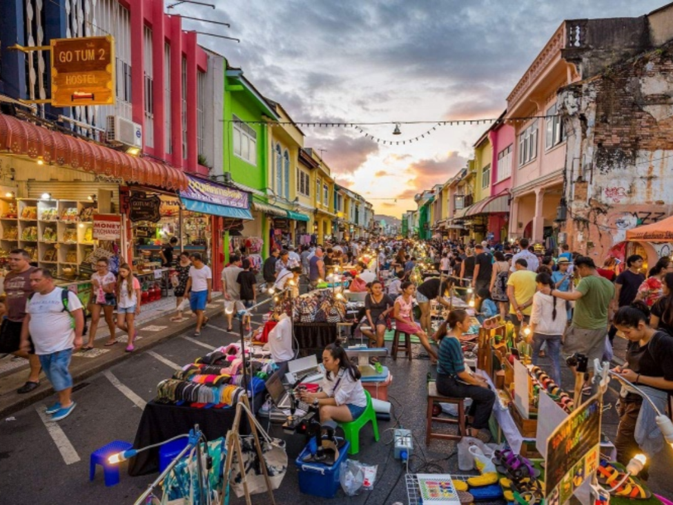Saturday night market Chiang Mai, lit up at sunset