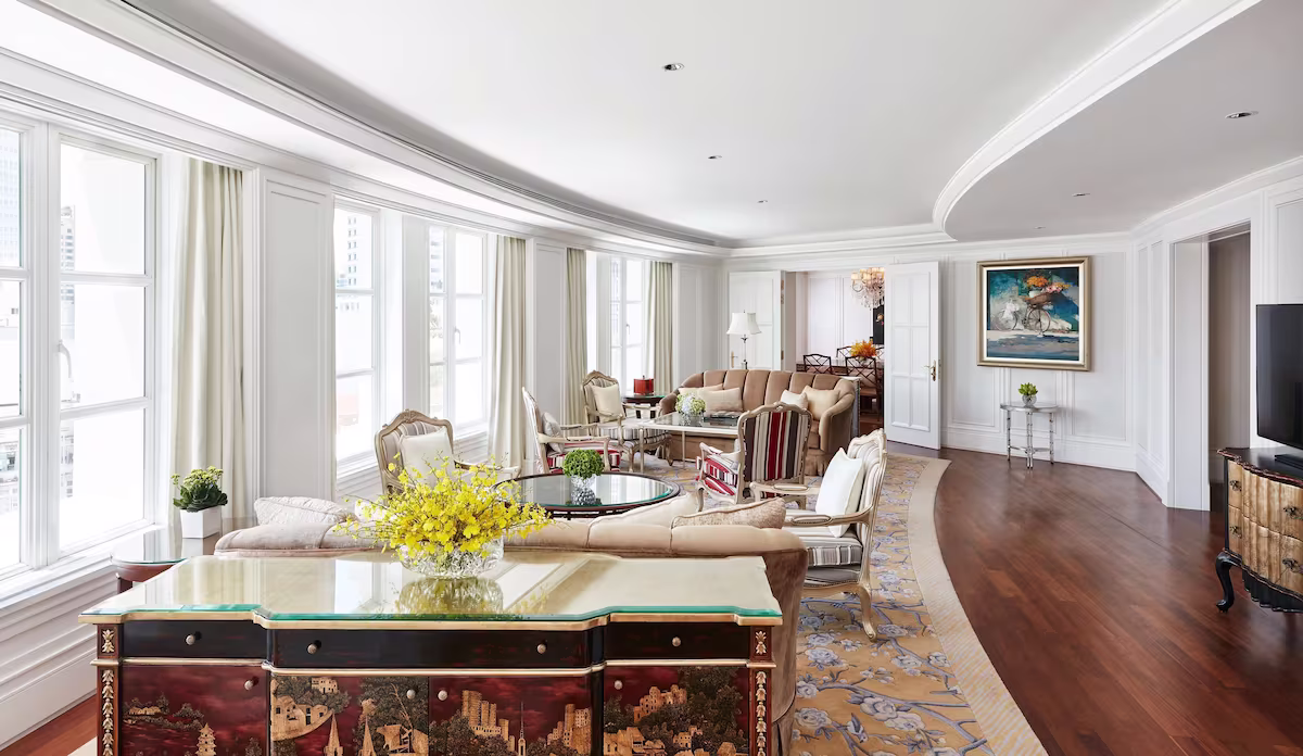 Park Hyatt Saigon, suite with hardwood floors, living room, and writing desk